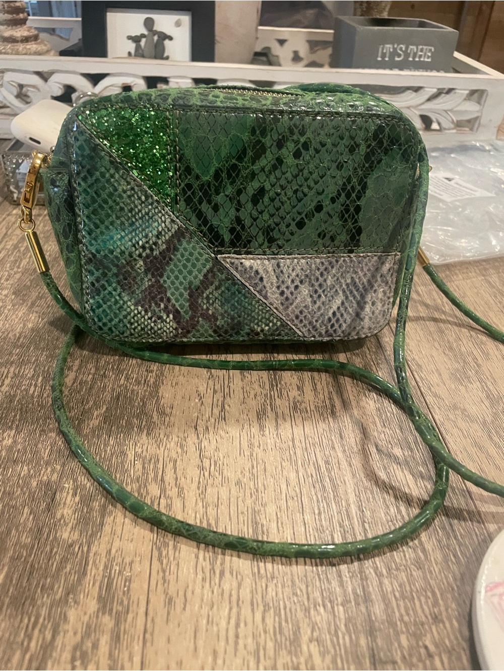 Stella McCartney Green Snake-Print Panel Crossbody Bag